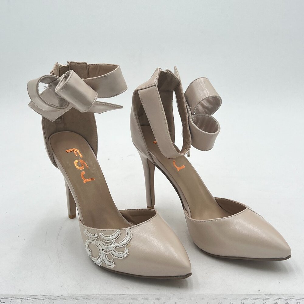 FSJ Beige Single Band Open Toe Ankle Strap Stiletto Heel Wedding Bow Satin Pump